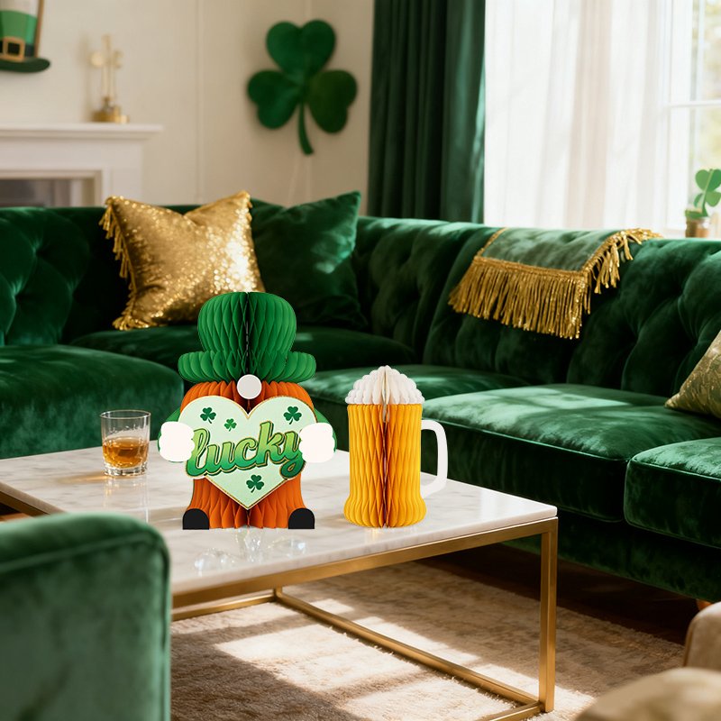 Emerald Tall Pointed Hat with Laser-Cut Four-Leaf Clover & Gold Heart Charm