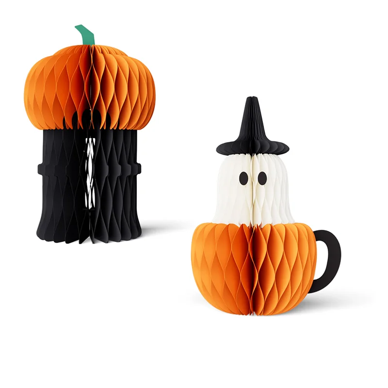 3D Honeycomb Halloween Pumpkin Ghost Duo Tabletop Centerpiece View 7
