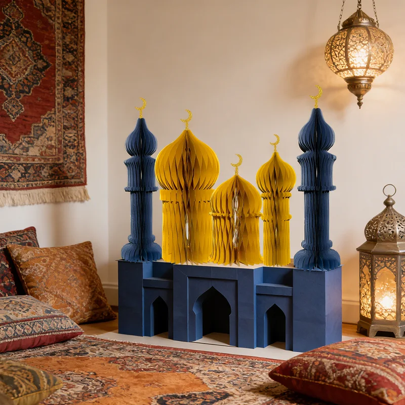 3D Honeycomb Ramadan Mosque & Crescent Moon Tabletop Scene Set View 4