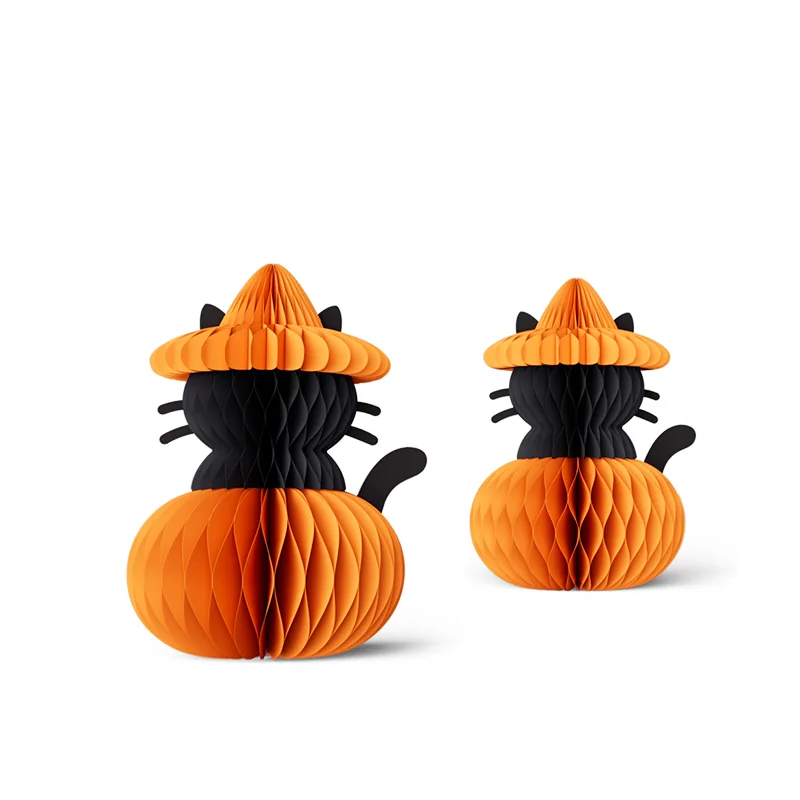 3D Foldable Honeycomb Halloween Pumpkin & Black Cat Centerpiece View 2