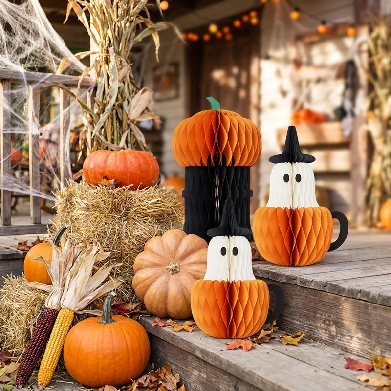3D Honeycomb Halloween Pumpkin Ghost Duo Tabletop Centerpiece View 10
