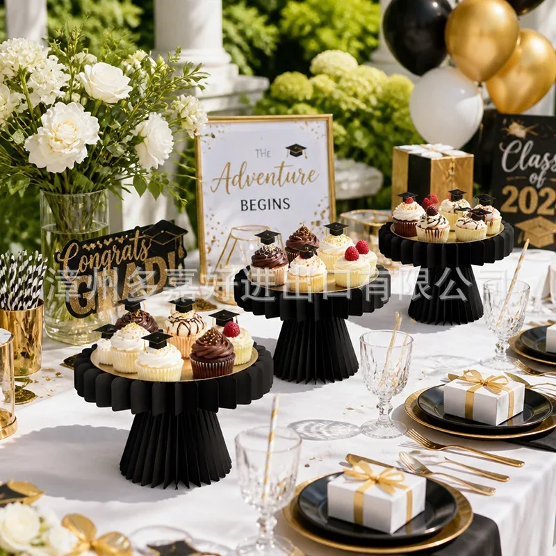 Graduation Black & Gold Tiered Honeycomb Paper Cupcake & Dessert Display Stand (PB-DT-02)