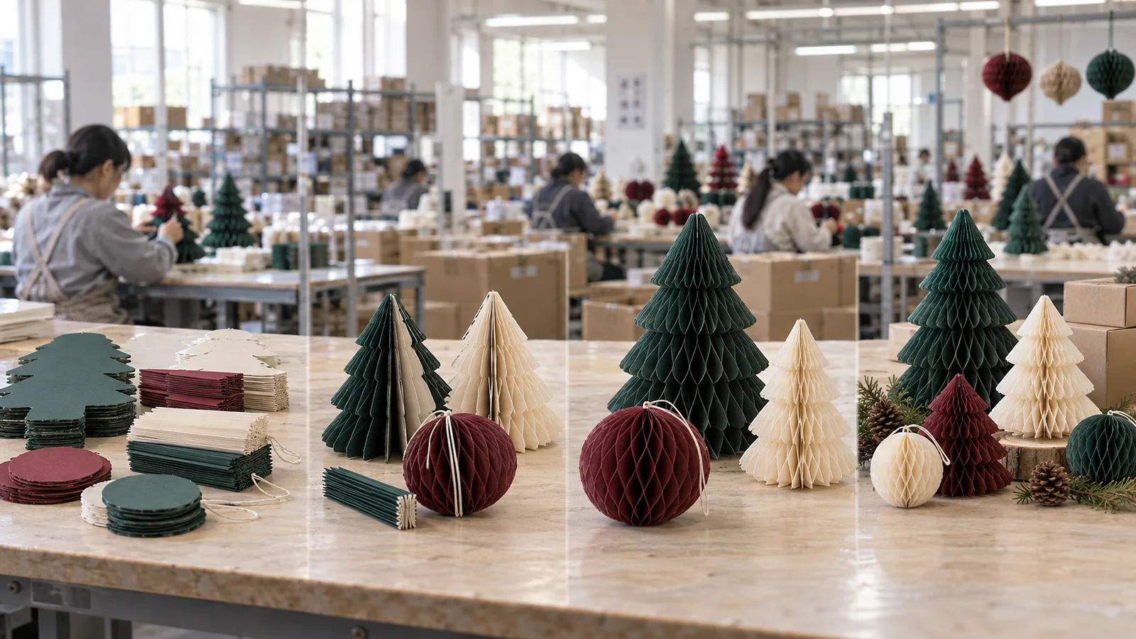 Honeycomb paper products moving from flat format to opened display form