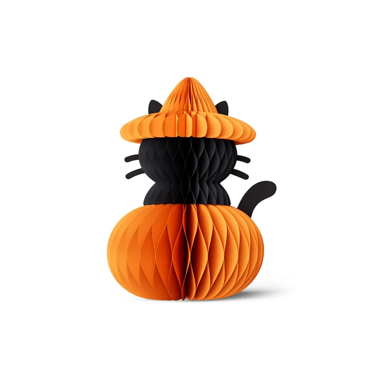 3D Foldable Honeycomb Halloween Pumpkin & Black Cat Centerpiece (PB-HW-01)