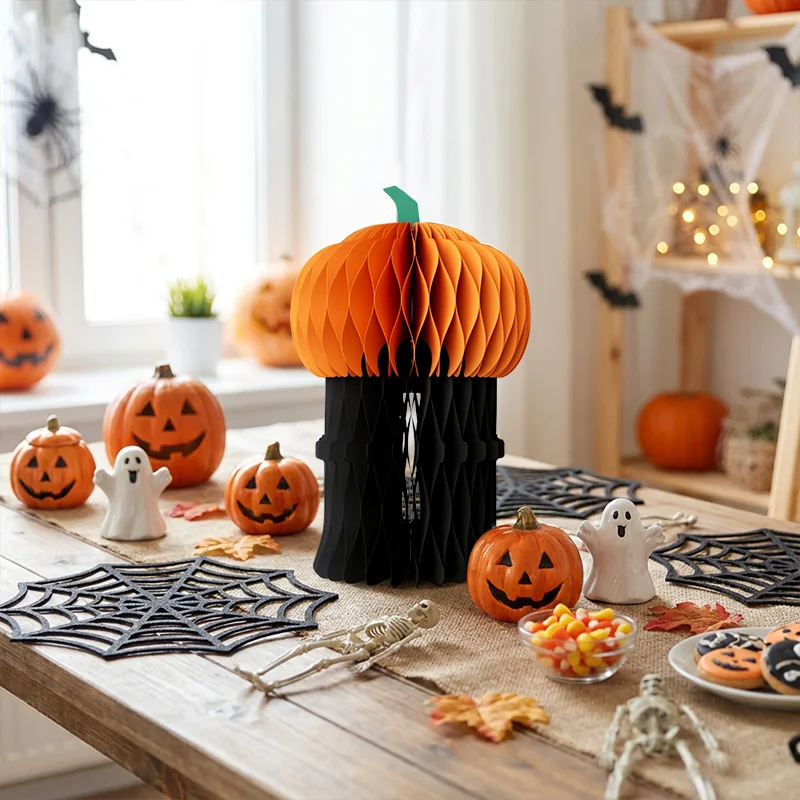 3D Honeycomb Halloween Pumpkin Ghost Duo Tabletop Centerpiece View 9