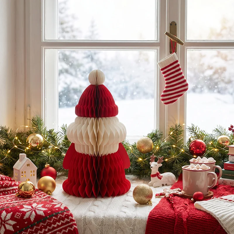 Foldable Honeycomb Paper Santa Claus & Snowman Figurine Pair