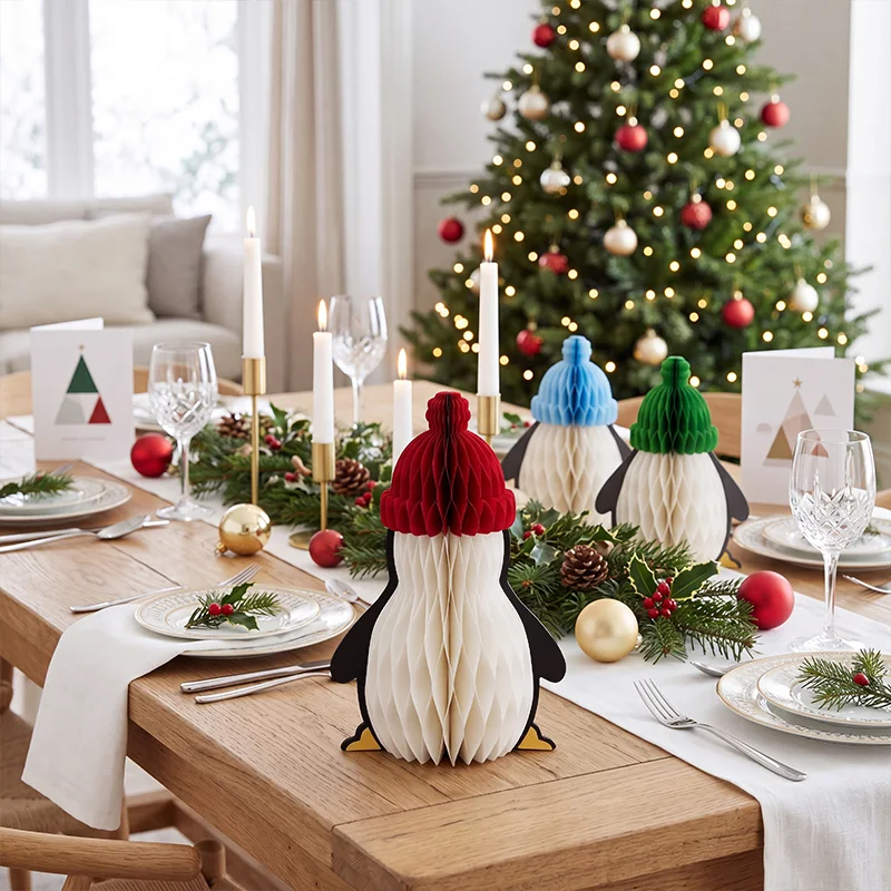 Nordic Foldable Honeycomb Paper Penguin Family Figurine Set