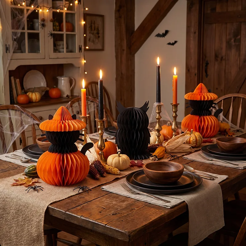 3D Foldable Honeycomb Halloween Pumpkin & Black Cat Centerpiece View 10