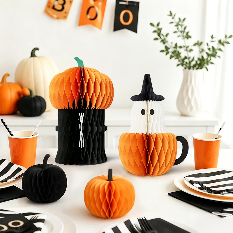 3D Honeycomb Halloween Pumpkin Ghost Duo Tabletop Centerpiece View 11