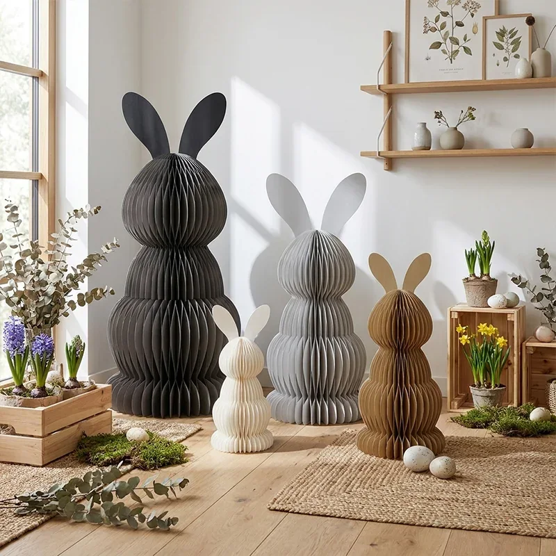 3D Honeycomb Easter Spring Bunny Family Figurine Trio Set View 4