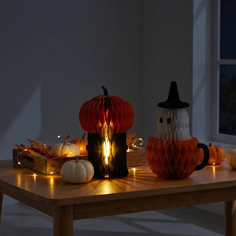 3D Honeycomb Halloween Pumpkin Ghost Duo Tabletop Centerpiece View 4