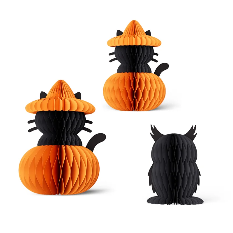 3D Foldable Honeycomb Halloween Pumpkin & Black Cat Centerpiece View 4