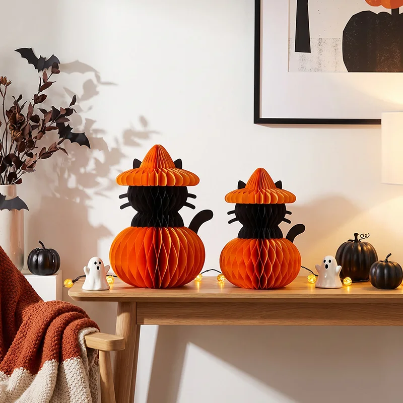 3D Foldable Honeycomb Halloween Pumpkin & Black Cat Centerpiece View 3