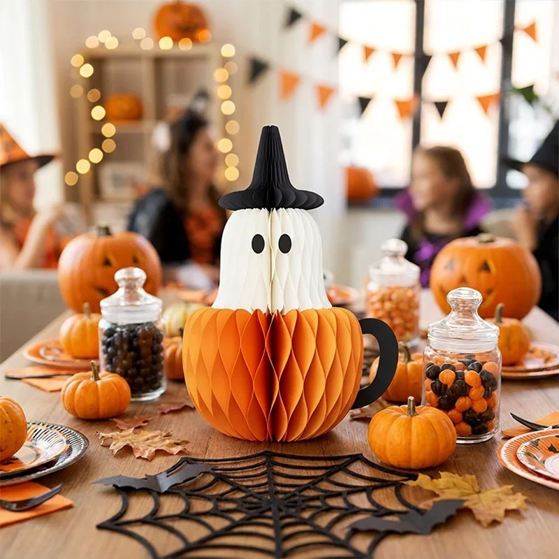 3D Honeycomb Halloween Pumpkin Ghost Duo Tabletop Centerpiece View 8
