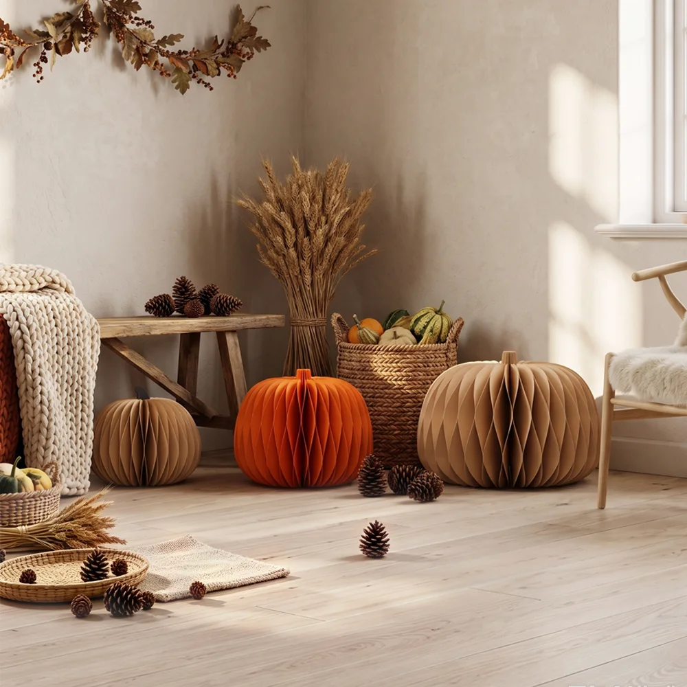 3D Foldable Honeycomb Harvest Pumpkin Tabletop Trio