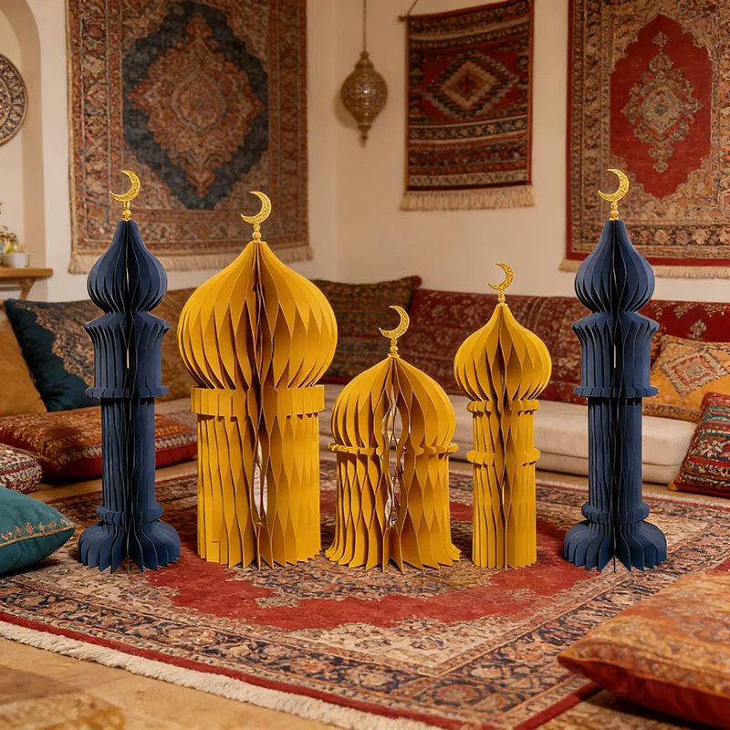 3D Honeycomb Ramadan Mosque & Crescent Moon Tabletop Scene Set View 3