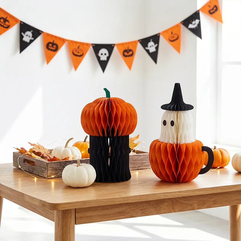 3D Honeycomb Halloween Pumpkin Ghost Duo Tabletop Centerpiece View 2