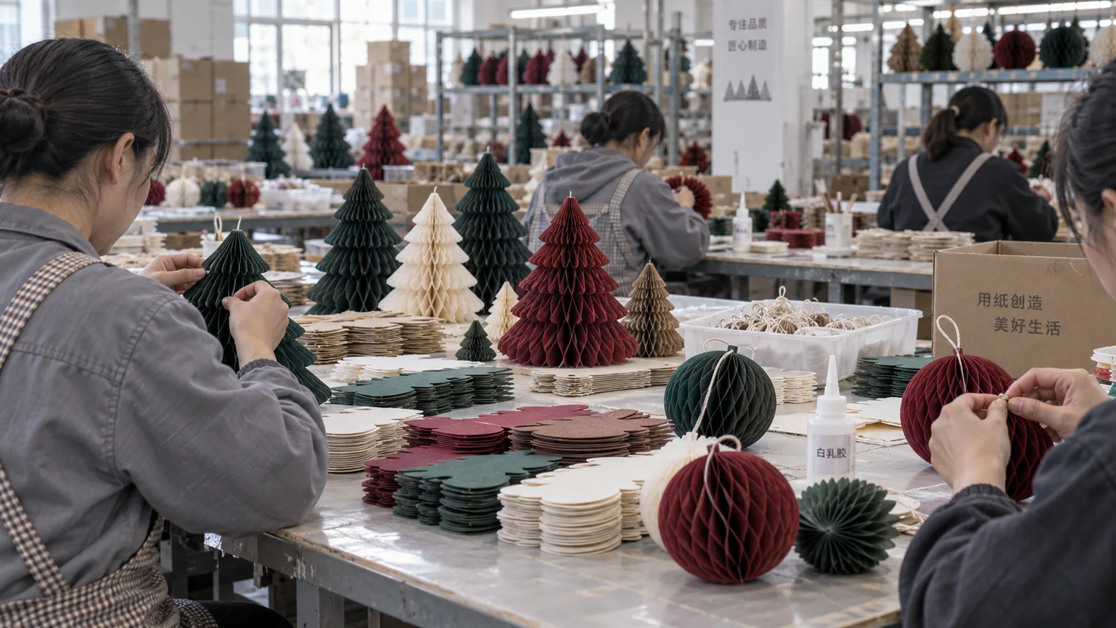 Honeycomb paper decoration workshop with products and packed goods